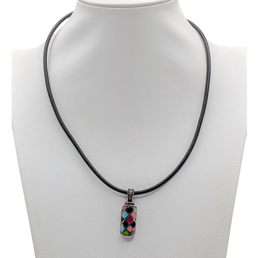 Vintage 925 Sterling Silver Colorful Stone Inlay Pendant 18" Cord Necklace